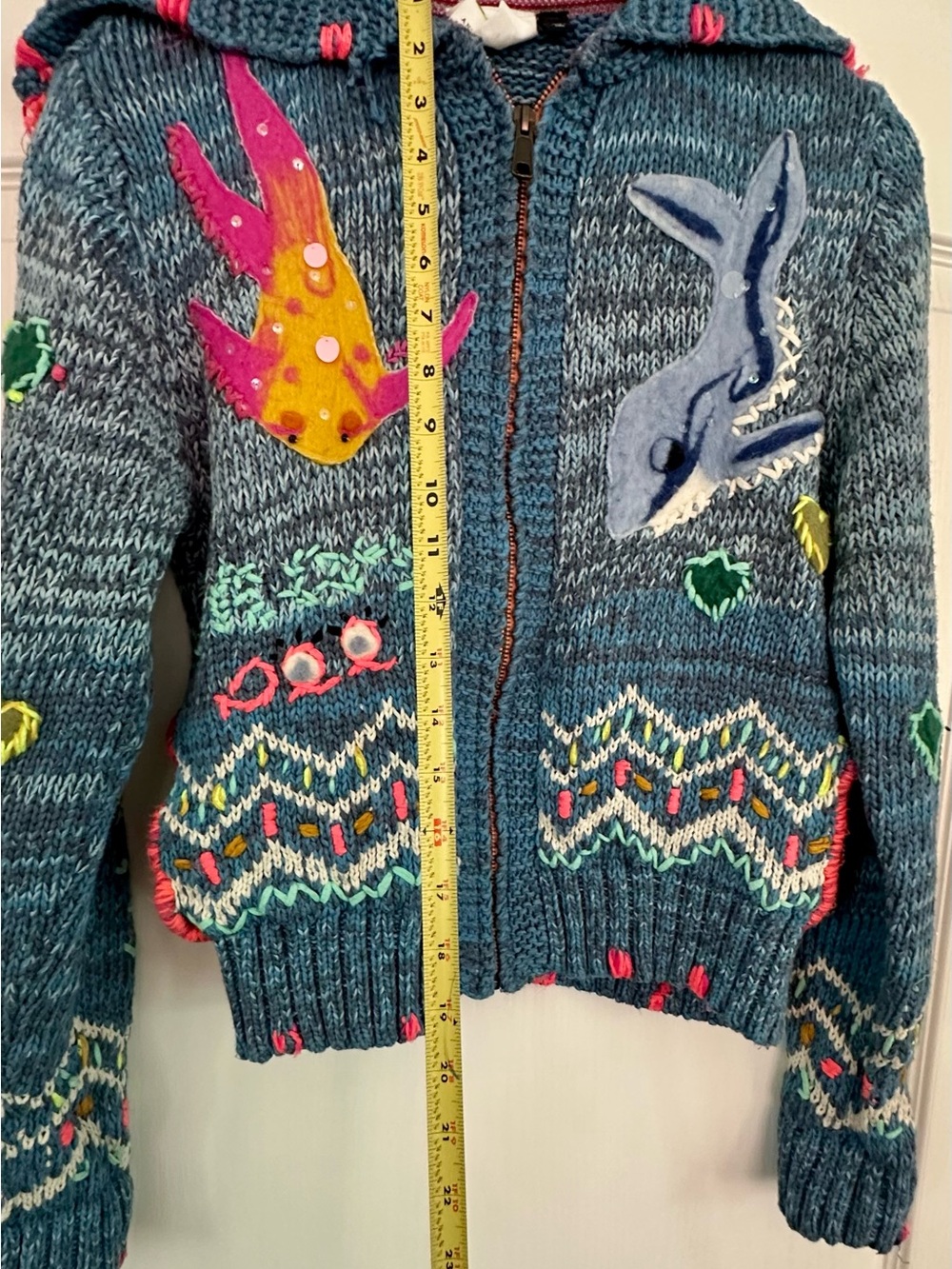 Anthropologie size medium Blue Knit Zip Hoodie with Multicolor Sea themed stitch - Picture 9 of 11